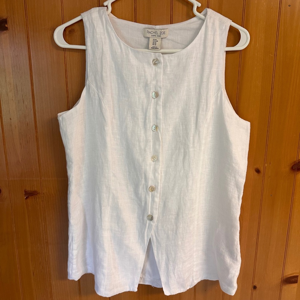 Rachel Zoe White 100% Linen Sleeveless Button Front Tie Back Blouse Top Size M